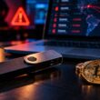 Hardware wallet Ledger junto a monedas Bitcoin y Ethereum en un entorno de ciberseguridad