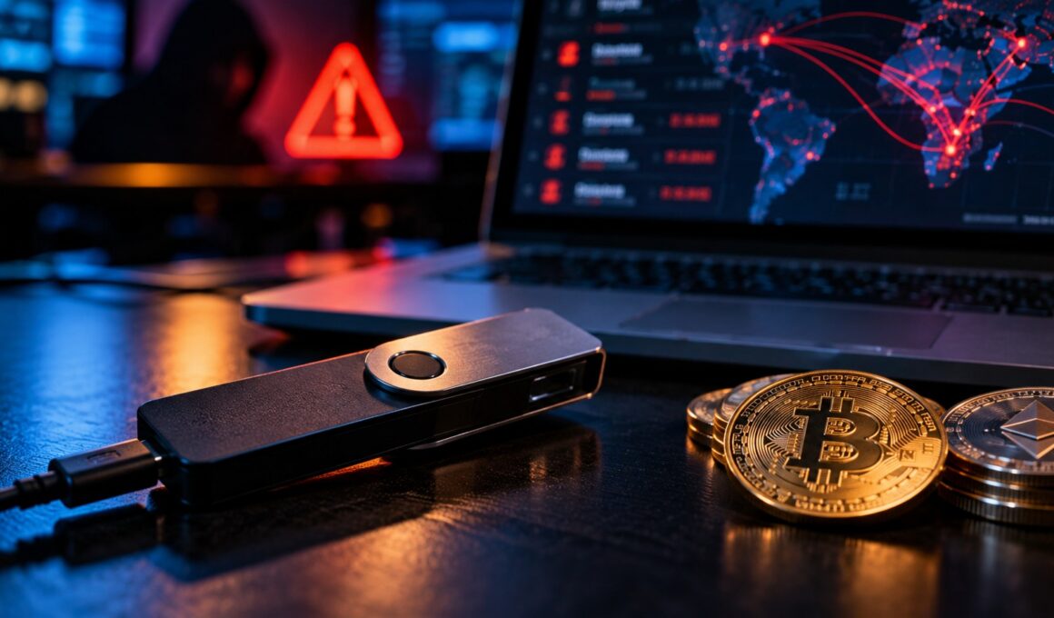 Hardware wallet Ledger junto a monedas Bitcoin y Ethereum en un entorno de ciberseguridad