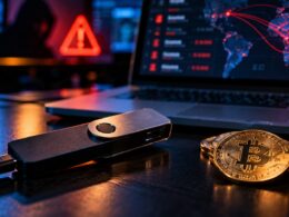Hardware wallet Ledger junto a monedas Bitcoin y Ethereum en un entorno de ciberseguridad