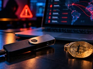Hardware wallet Ledger junto a monedas Bitcoin y Ethereum en un entorno de ciberseguridad