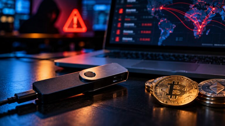 Hardware wallet Ledger junto a monedas Bitcoin y Ethereum en un entorno de ciberseguridad
